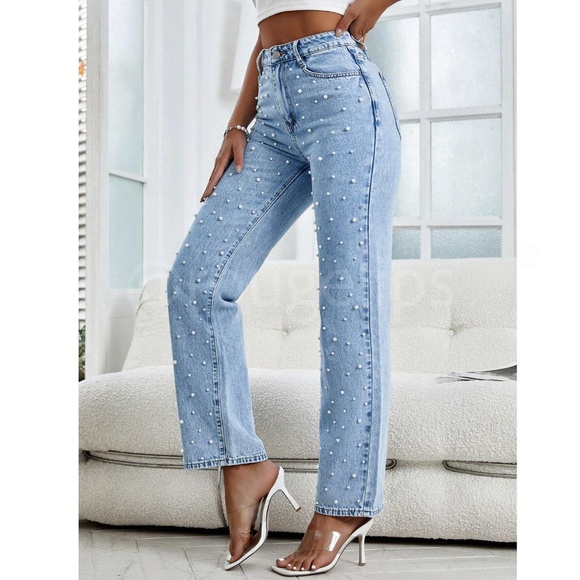 Pearl Beaded Embellished Blue Straight Leg Jeans Denim - Picture 5 of 7